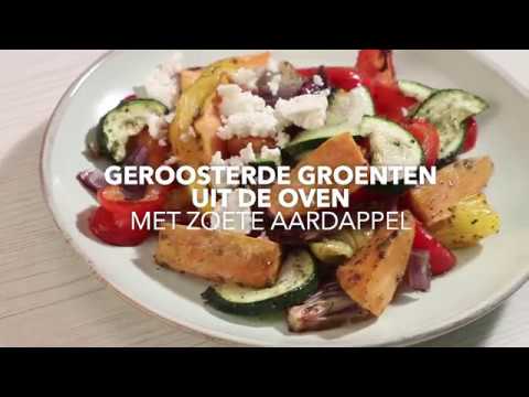 Geroosterde groenten, zoete aardappel uit de oven met feta kaas